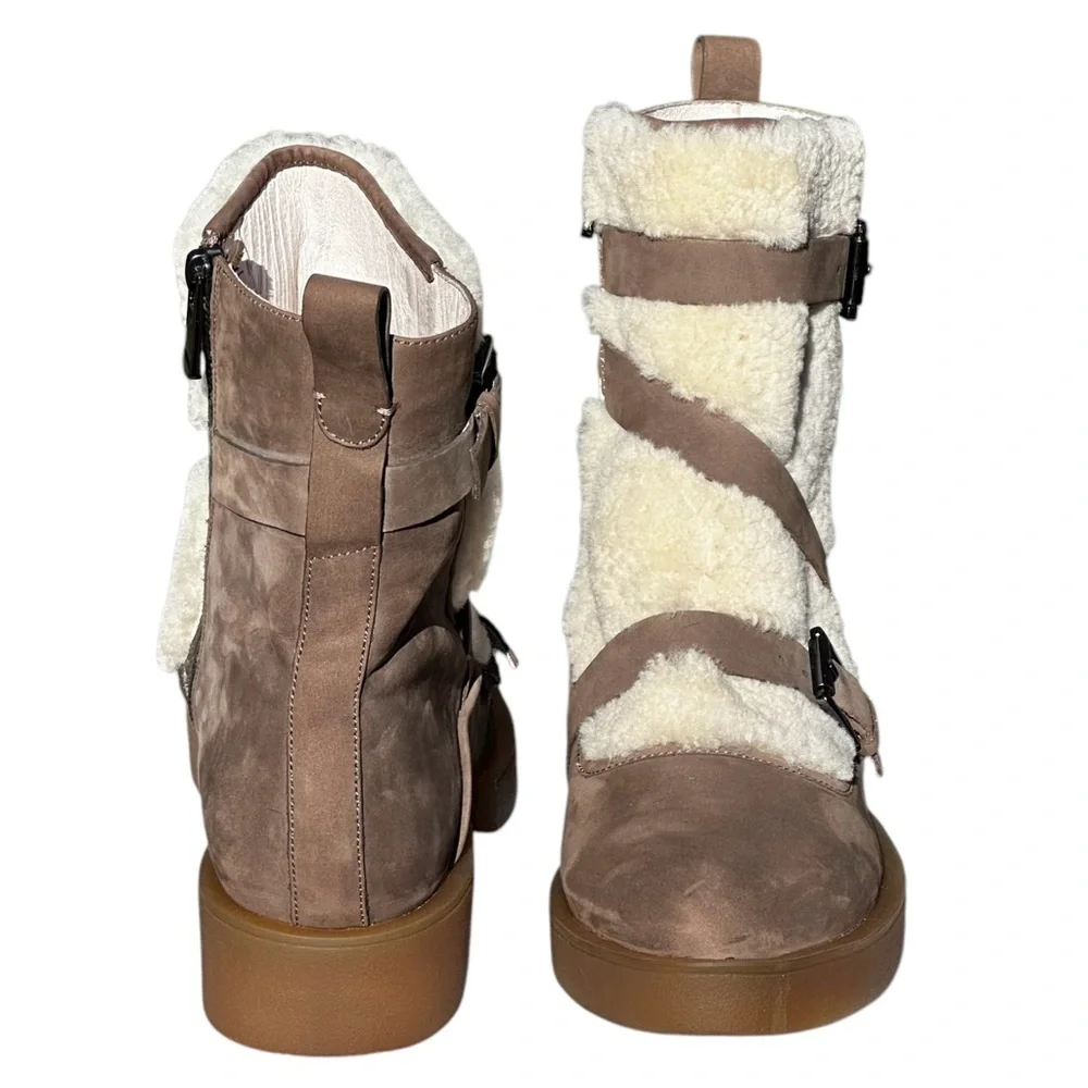 H Williams Nubuck Leather Shearling Ankle Boots Juneau Taupe Cream US 9 1/2 10